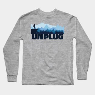 UNPLUG Adventurer Hiker Standing Over A Cliff Wachting Over A Mountain Range With Forest Long Sleeve T-Shirt